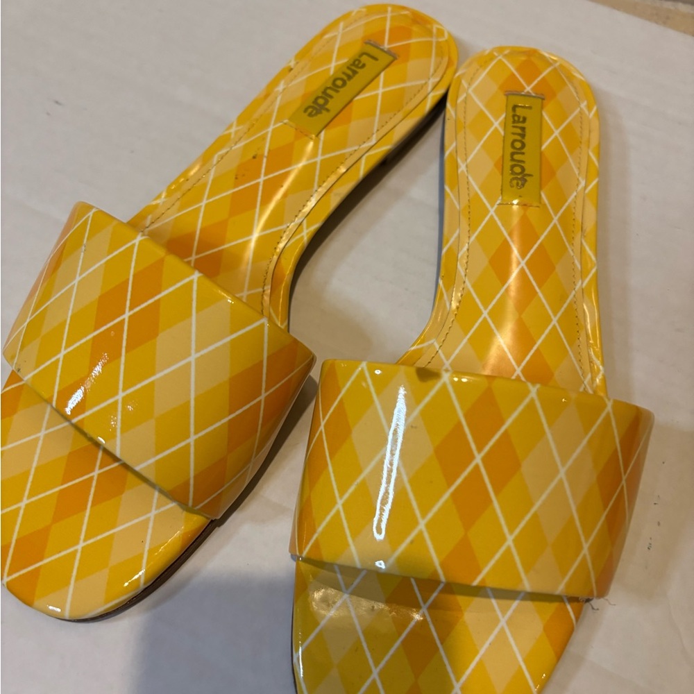 Larroude Yellow Plaid Slide Sandals